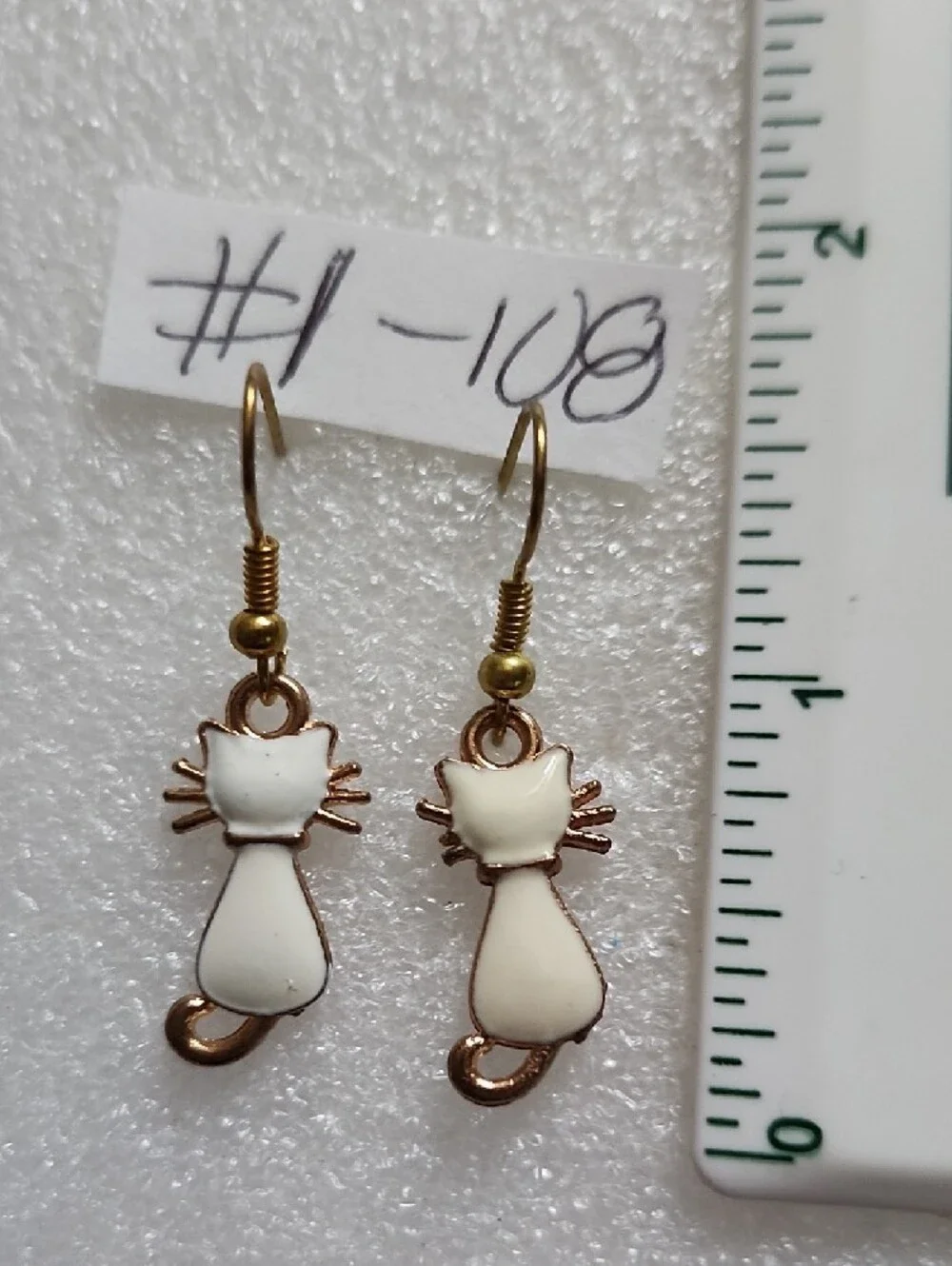 Hand Crafted White and Gold Cat Dangle Earrings